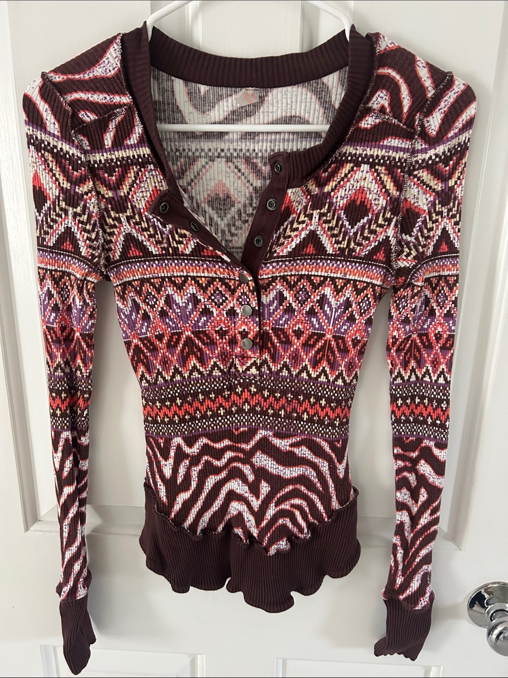 Free People Maroon Patterned Henley Thermal Top